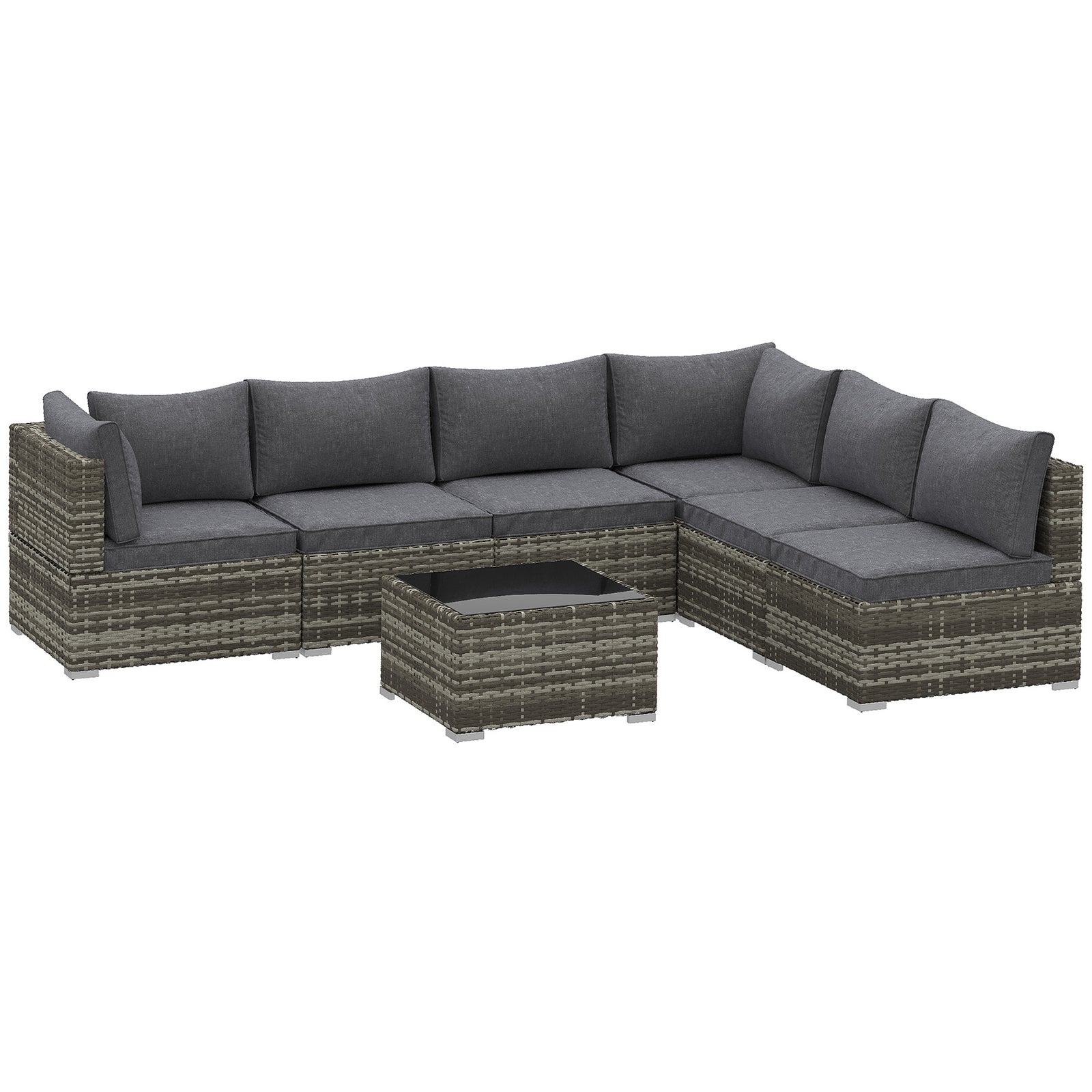 7 Pieces Outdoor PE Rattan Corner Sofa Set, Patio Wicker Conversation Chaise Lounge Furniture w/ Tempered Glass Table-top & Soft Padded Cushion for Garden, Backyard, Lawn, Dark Grey