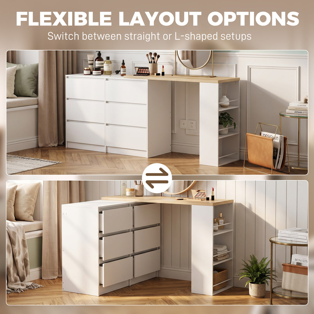 Vanity Table, Dressing Table with 6 Drawers and 3-Tier Shelf for Women