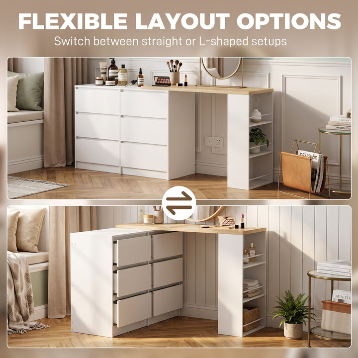 Vanity Table, Dressing Table with 6 Drawers and 3-Tier Shelf for Women