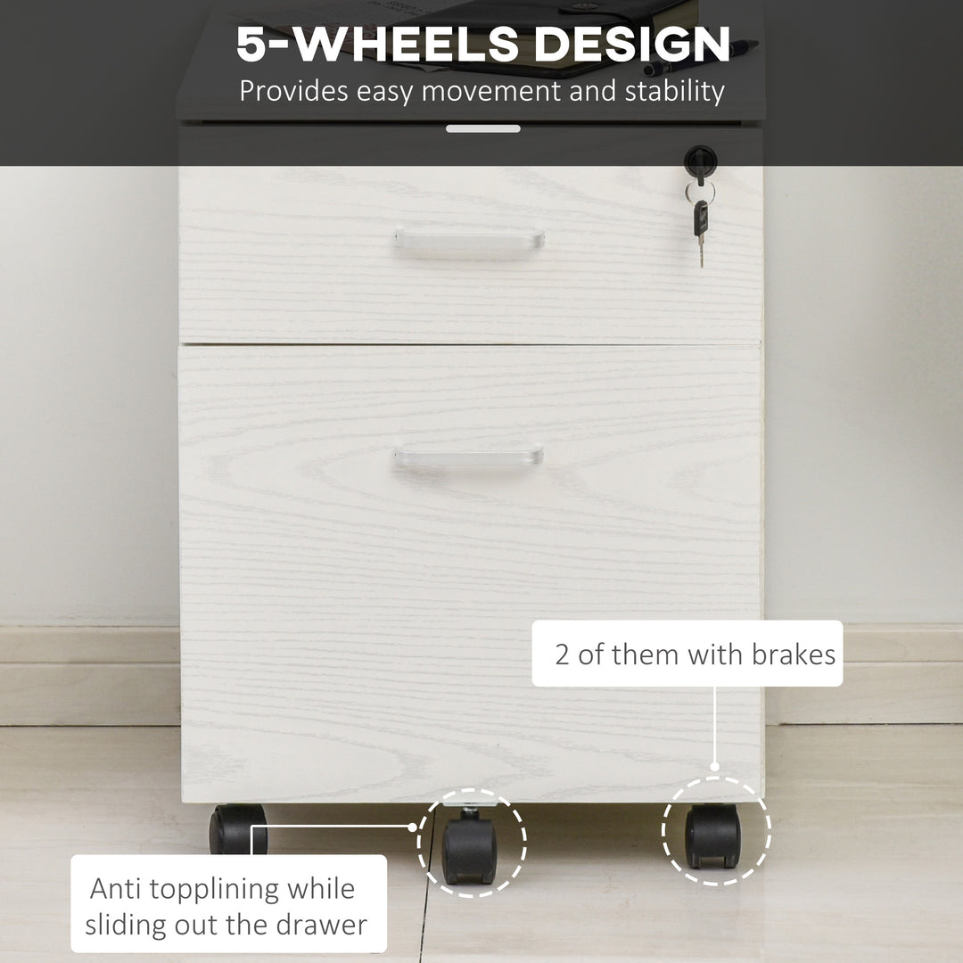2-Drawer Locking Office Filing Cabinet w/ 5 Wheels Rolling Storage Hanging A4 Cupboard Home Organisation White Wood Grain