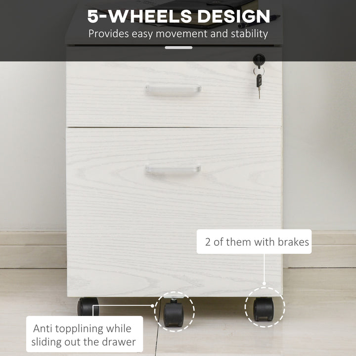2-Drawer Locking Office Filing Cabinet w/ 5 Wheels Rolling Storage Hanging A4 Cupboard Home Organisation White Wood Grain