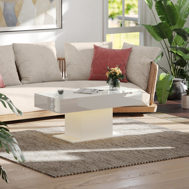 Extendable Coffee Table with LED Lights and Storage - High Gloss