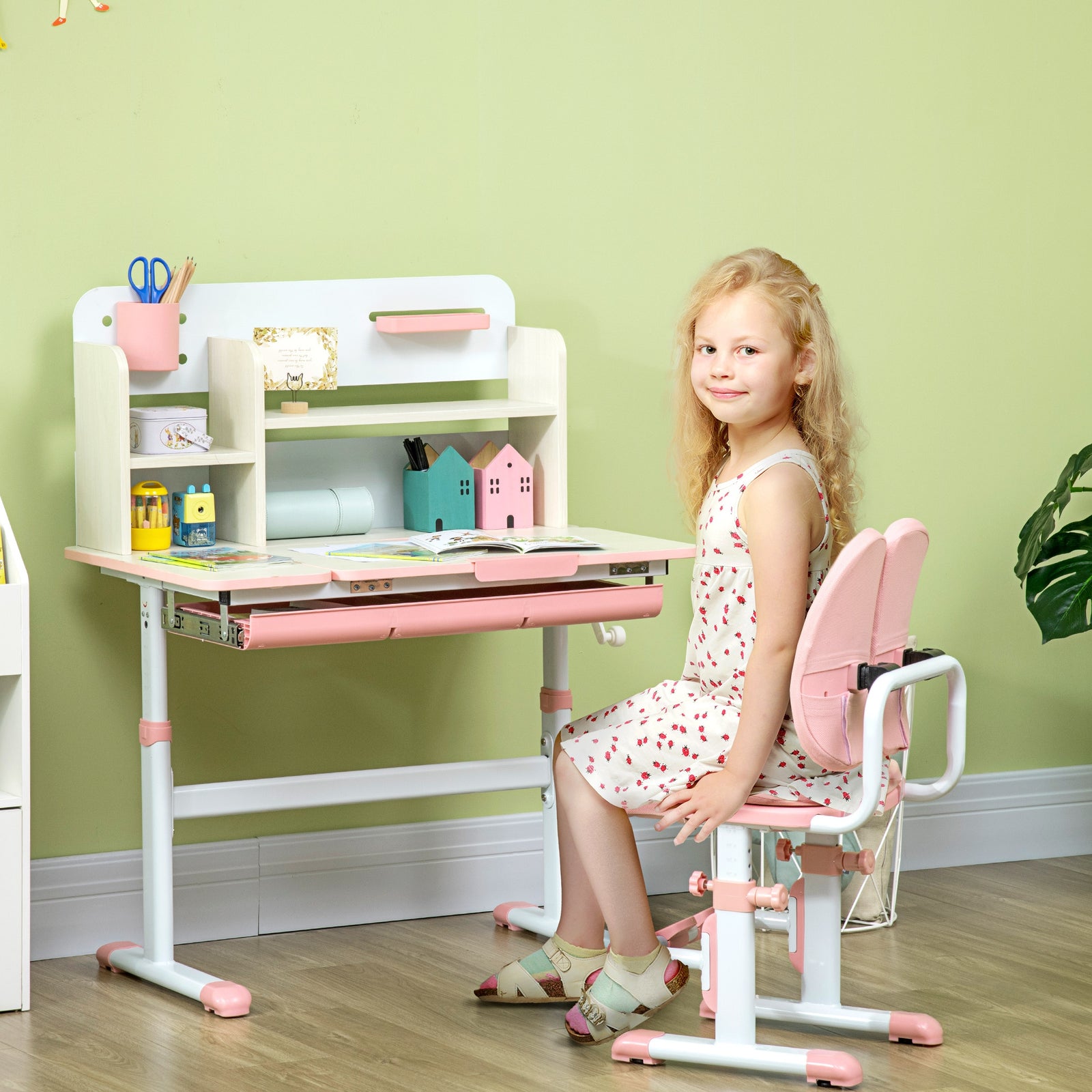 Kids Desk and Chair Set, with Storage Shelves, Washable Cover, for Ages 3-12 Years - Pink