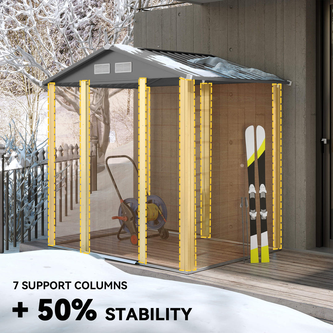 MCL 6.5 x 5ft Metal Garden Shed, House Hut Gardening Tool Storage with Ventilations, Sliding Door, Sloped Roof for Garden, Patio, Brown