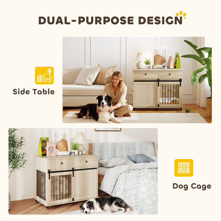 MCL Dog Crate Furniture on Wheels, Dog Cage with 2 Drawers, Sliding Door, for Medium Large Dogs, Oak Tone