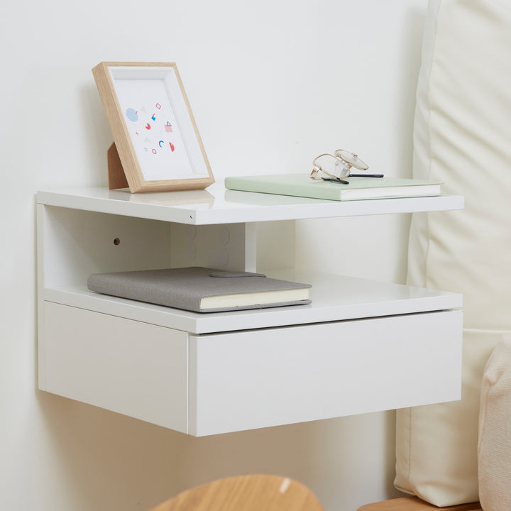 Set of Two Floating High Gloss Bedside Tables - White