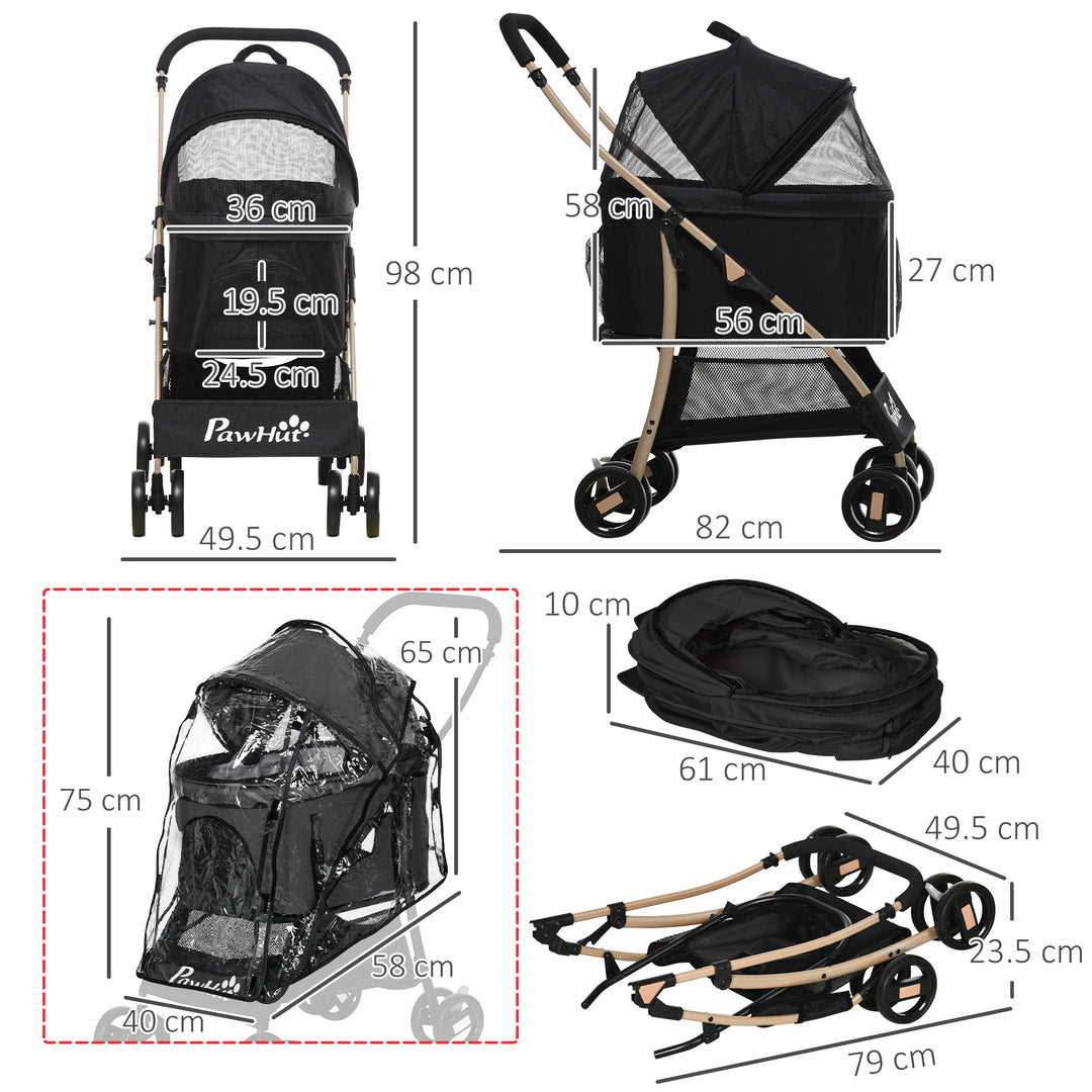 Detachable Pet Stroller with Rain Cover, 3 In 1 Cat Dog Pushchair, Foldable Carrying Bag w/ Universal Wheels, Brake, Canopy, Basket, Storage Bag for Small and Tiny Dogs - Black