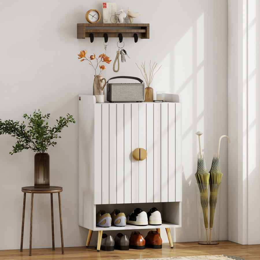 Modern Shoe Cabinet with 2 Doors, Open Shelf and Adjustable Shelves, 15 Pair Hallway Shoe Cupboard, Entryway Storage Unit, White