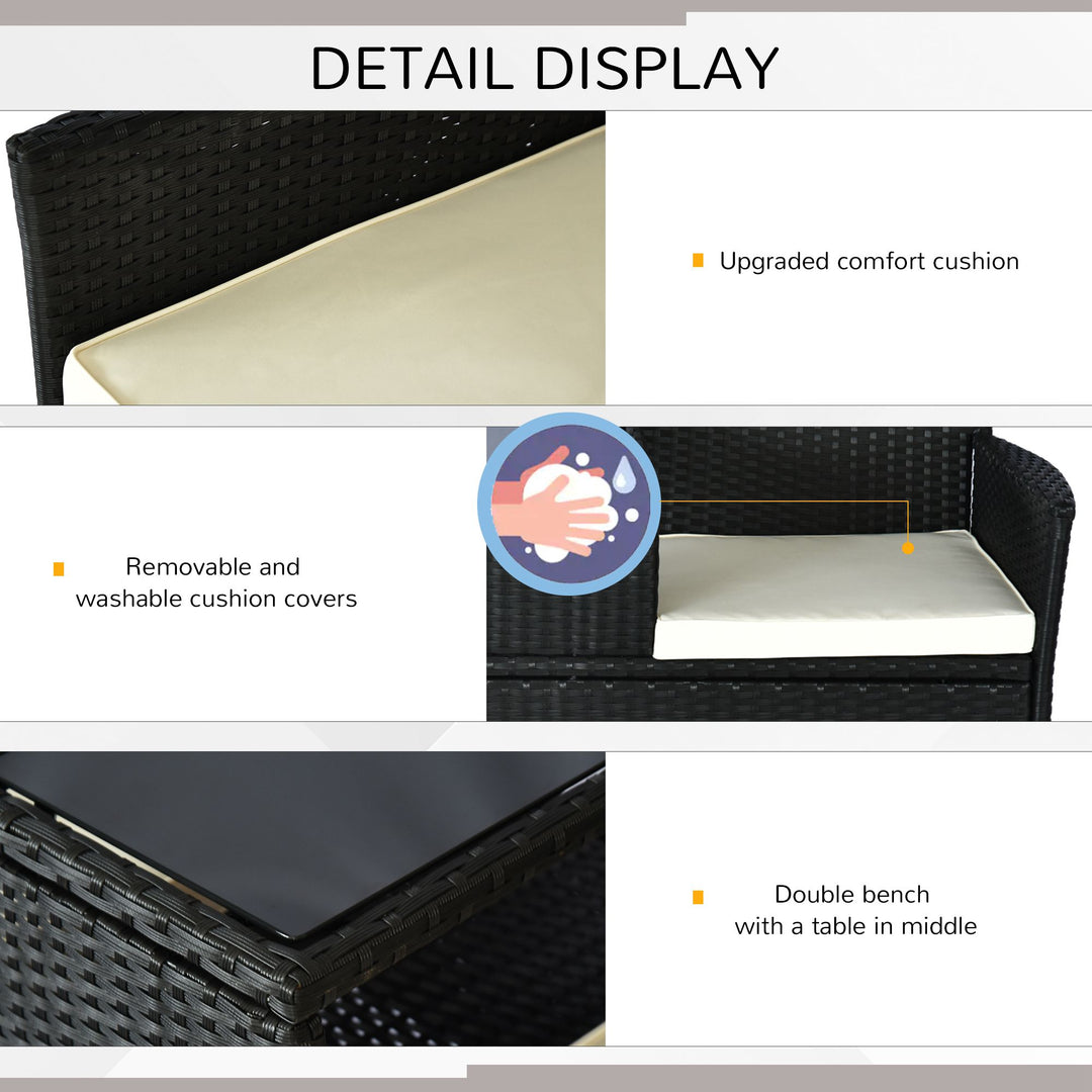 MCL 2 Seater Rattan Campanion Chair Wicker Loveseat Outdoor Patio Armchair with Drink Table Garden Furniture - Black