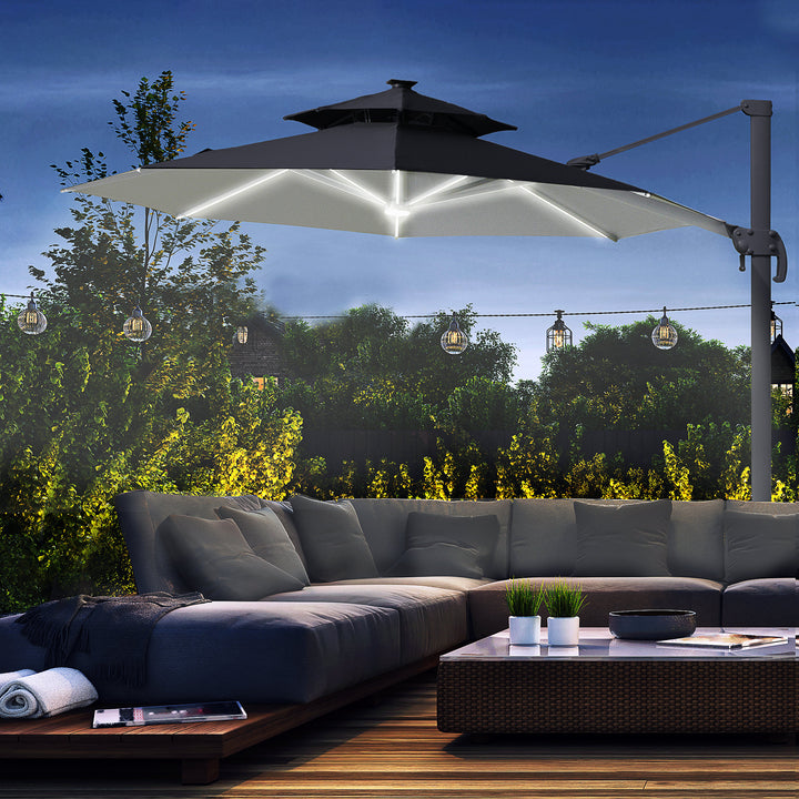 Outsunny 3m Cantilever Parasol w/ Solar Lights Power Bank Cross Base Adjustable Canopy 360° Spin Garden Umbrella 2-Tier Roof Sun Shade Grey | Aosom UK