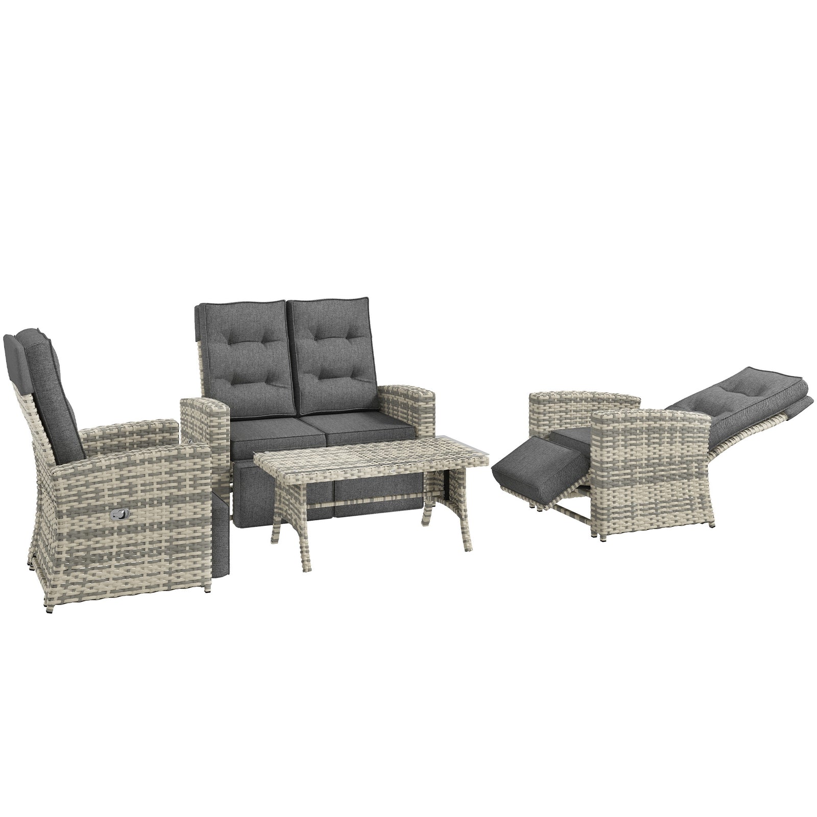 4 Piece Rattan Garden Furniture Set Outdoor Sofa Sectional Set with Glass Top Table for Poolside, Light Grey