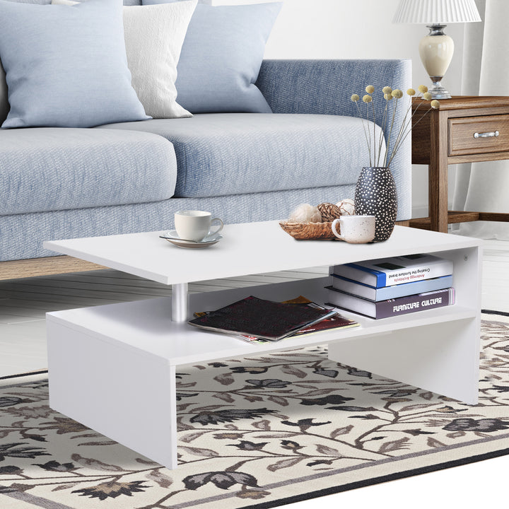 MCL Coffee Table with Storage, 2-Tier Centre Table, Modern Living Room Table with Open Shelf and Aluminium Poles, White