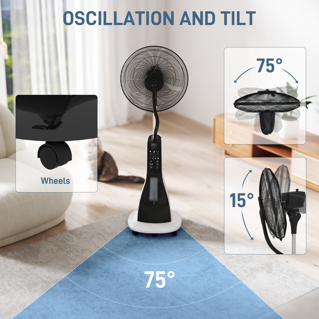 Pedestal Fan with Water Mist Spray, Spray Misting Fan with 75° Oscillation, Remote Control, Tilt Head, 3 Speeds, 3 Modes, 3 Mist, 3L Water Tank, Wheels, for Home, 125 cm
