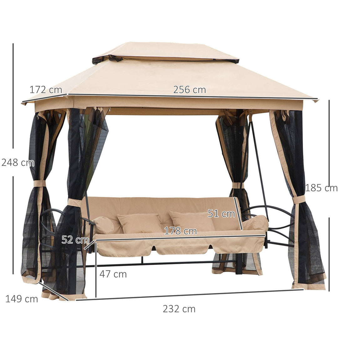 3 Seater Swing Chair 3-in-1 Convertible Garden Swing Seat Bed Gazebo Patio Bench Outdoor with Double Tier Canopy, Cushioned Seat, Mesh Sidewalls, Beige