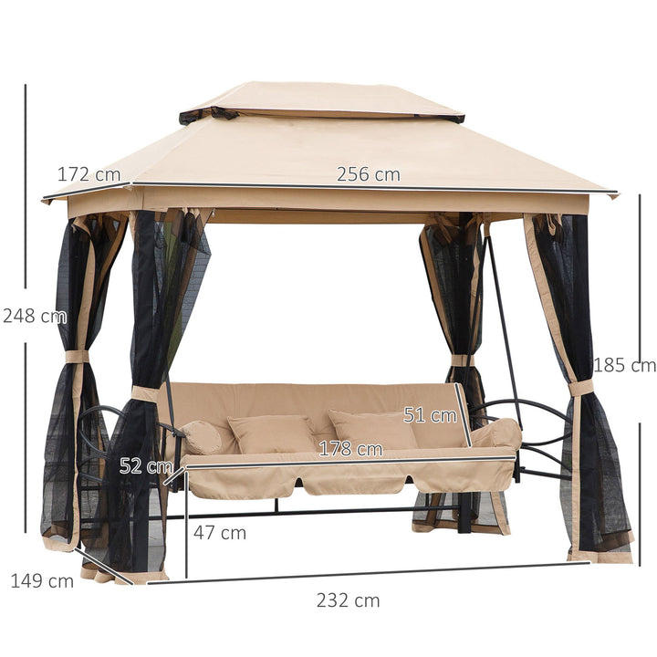 3 Seater Swing Chair 3-in-1 Convertible Garden Swing Seat Bed Gazebo Patio Bench Outdoor with Double Tier Canopy, Cushioned Seat, Mesh Sidewalls, Beige