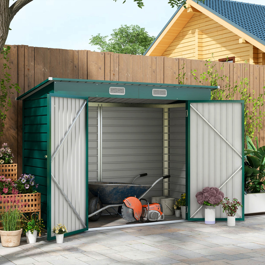 Outsunny 8 x 4FT Galvanised Garden Storage Shed, Metal Outdoor Shed with Double Doors and 2 Vents, Green | Aosom UK