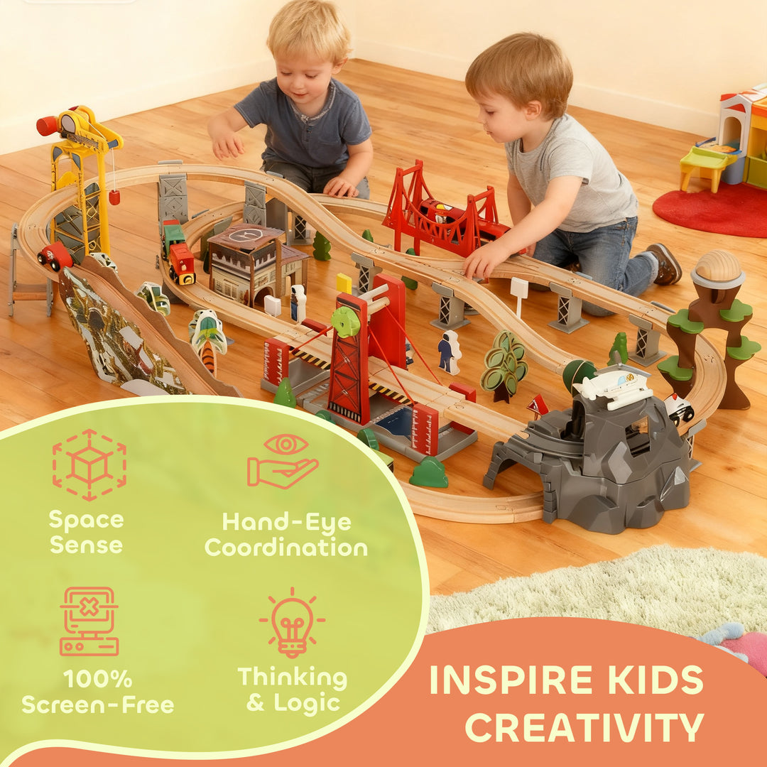 MCL 100 Piece Wooden Train Set for Kids 3+ Years with Track, Crane, Battery Operated Train