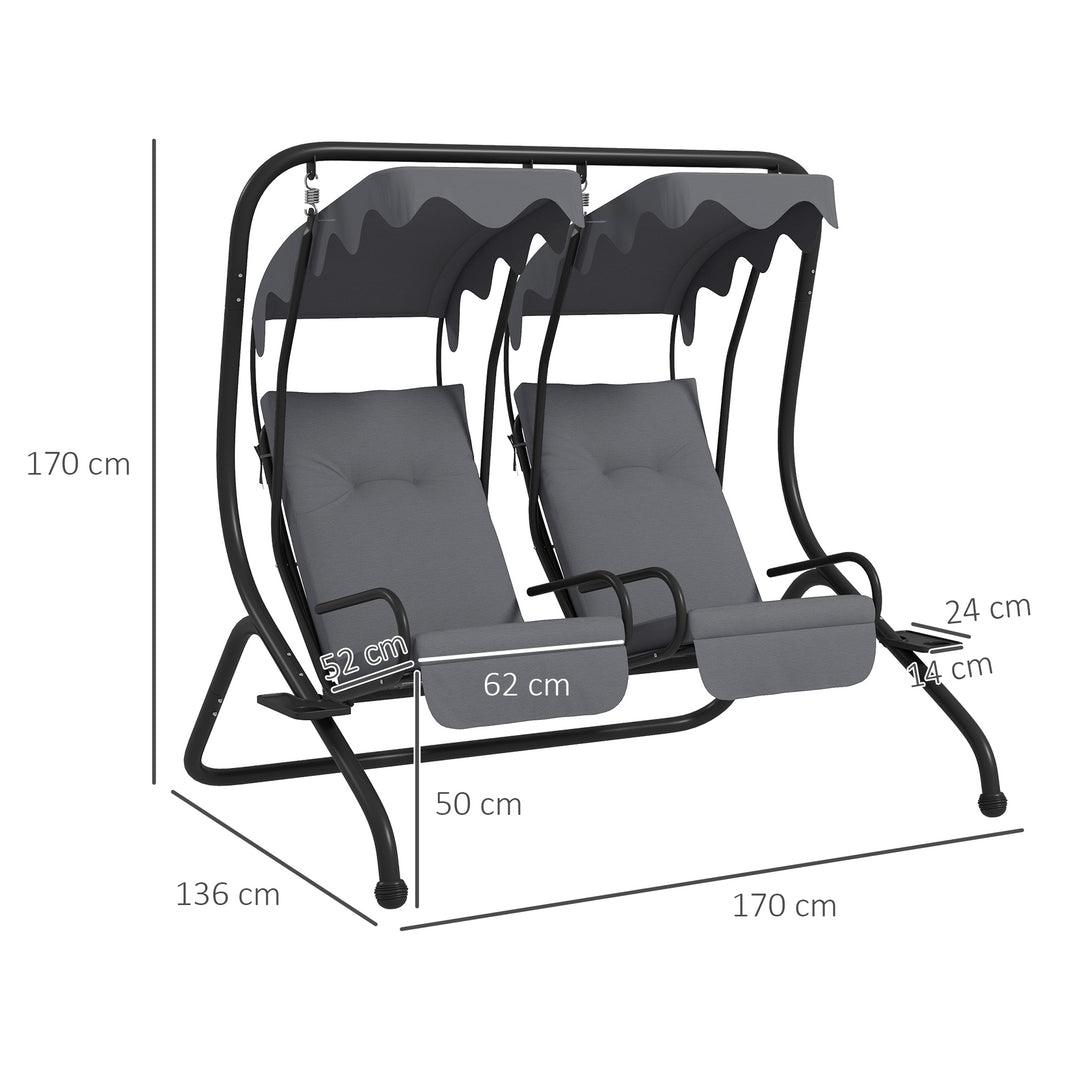 Two-Seat Garden Swing Chair, with Protective Canopy - Grey