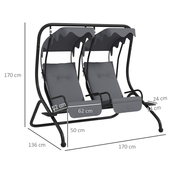 Two-Seat Garden Swing Chair, with Protective Canopy - Grey