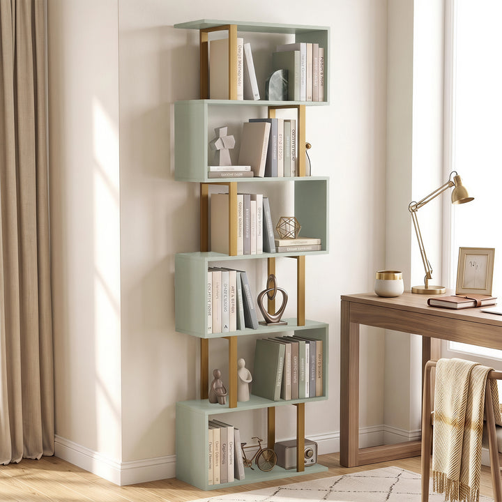 S-Shaped Bookshelf, 6-Tier Bookcase, Freestanding Storage Shelves with