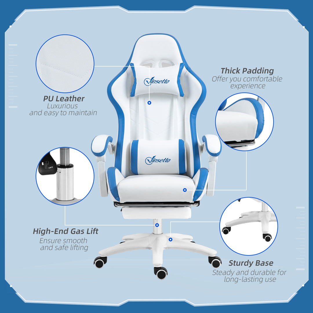 Computer Gaming Chair, PU Leather Office Desk Chair with Footrest, Swivel Wheels, 135° Reclining Back, Lumbar Support, Headrest for Home, White and Blue