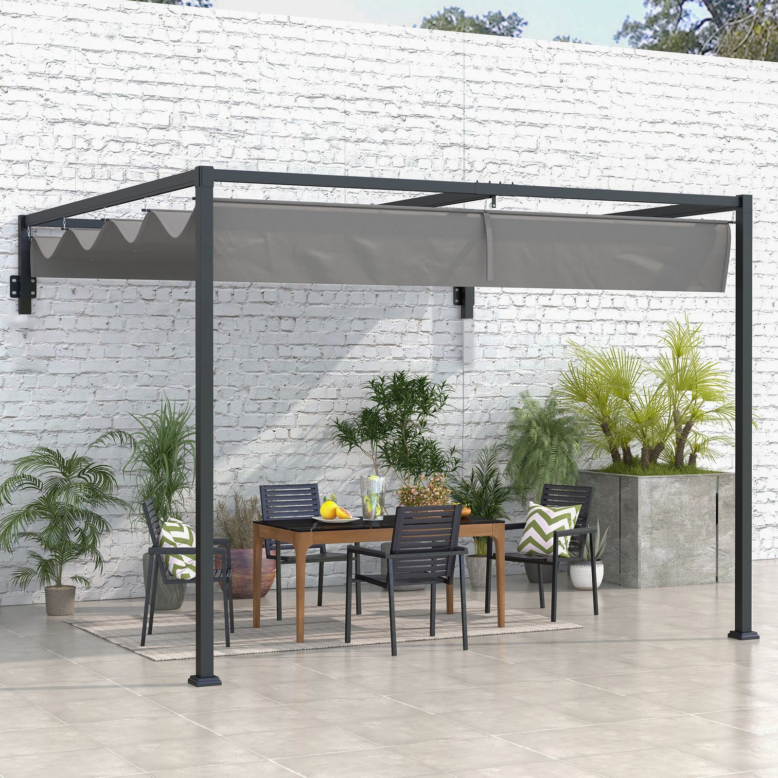 3 x 4m Lean To Steel Pergola, with Moving Fabric Canopy - Dark Grey