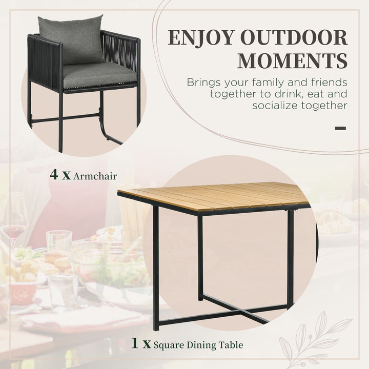 4 Seater Rattan Cube Garden Furniture Set, Rattan Dining Set with Cushions, Outdoor Dining Table and Chairs with Rectangular Wood Grain Plastic Top Table for Patio, Balcony, Black