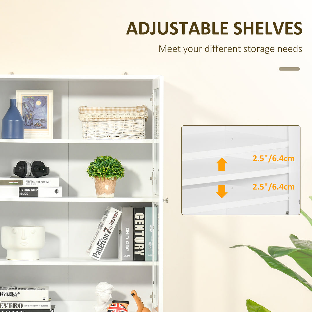 Modern Bookcase with Glass Doors, Display Storage Cabinet with Adjustable Shelves for Living Room, Study, Home Office, Kitchen Cupboard with Small Open Counter, White