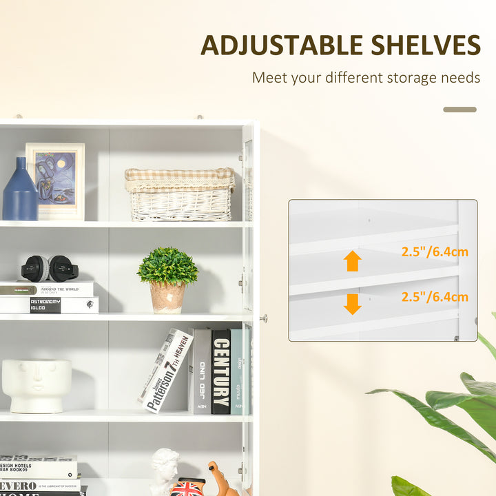 Modern Bookcase with Glass Doors, Display Storage Cabinet with Adjustable Shelves for Living Room, Study, Home Office, Kitchen Cupboard with Small Open Counter, White