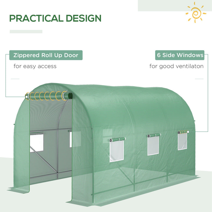 3.5 x 2m Walk-In Polytunnel Greenhouse, with Steel Frame, PE Cover, Roll-Up Door and 6 Windows, Green