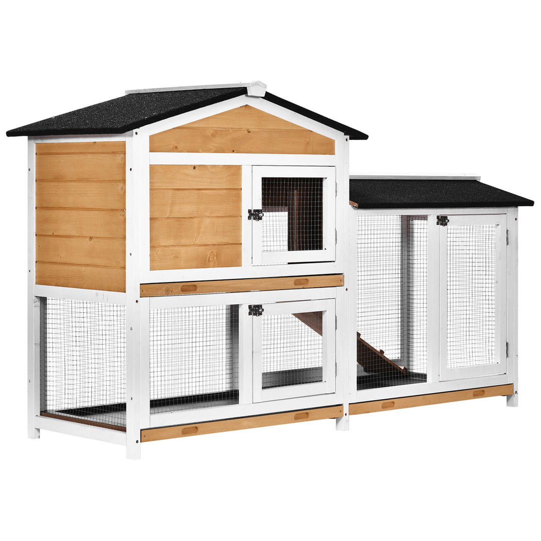 MCL Rabbit Hutch Guinea Pig Hutch Wooden House with Run, 2 Tier Pet Cage Outdoor with No-leak Plastic Trays, 157.4 x 53 x 93.5cm, Yellow