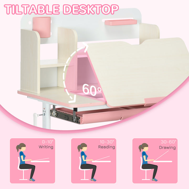 Kids Desk and Chair Set, with Storage Shelves, Washable Cover, for Ages 3-12 Years - Pink