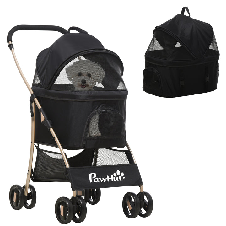 PawHut Detachable Pet Stroller, 3-In-1 Dog Cat Travel Carriage, Foldable with Universal Wheel Brake, Canopy Basket Storage Bag, Black | Aosom UK