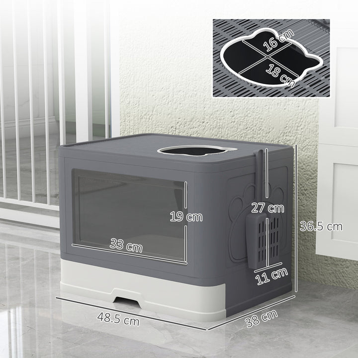 Enclosed Cat Litter Box with lid, Front Entry, Top Exit, Drawer, Tray, Scoop, Brush, 48.5 x 38 x 36.5cm - Grey