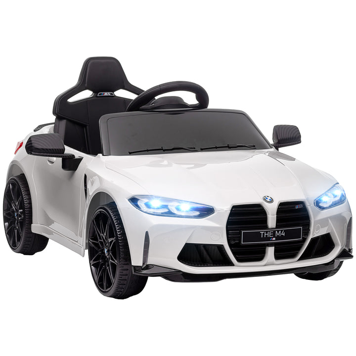 AIYAPLAY 12V BMW M4 Licensed Kids Car with Easy Transport, Remote Control, Suspension, Music, Horn, LED Lights - White