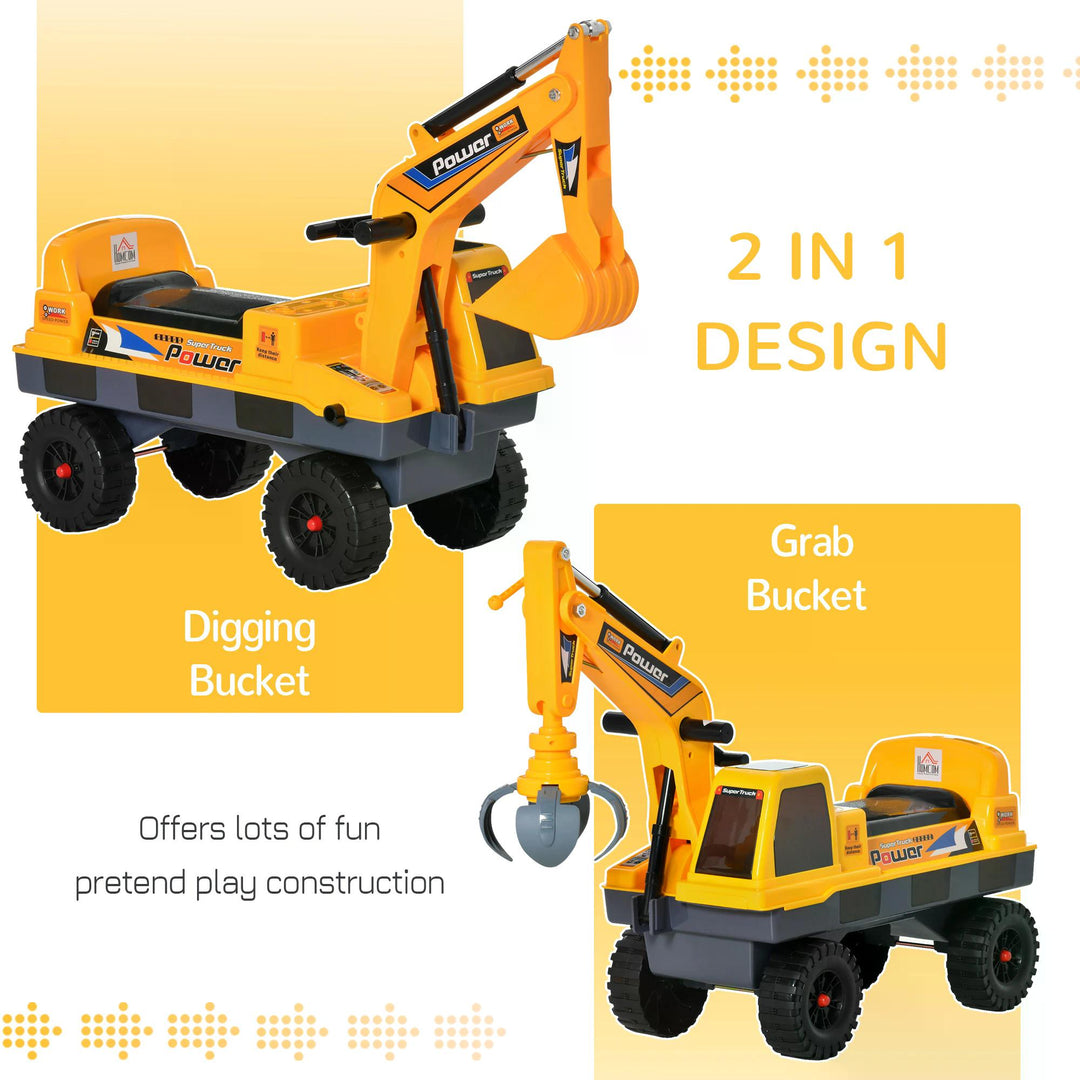 HOMCOM Ride-On Excavator for Toddlers, Multi-Functional Bulldozer Toy with Detachable Digging Bucket and Music, for Ages 2-3, Yellow | Aosom UK