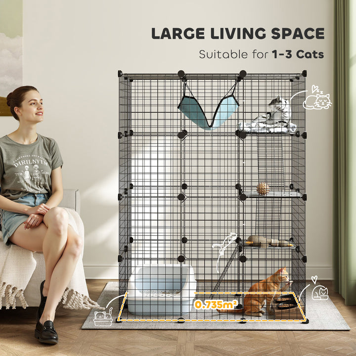 Four-Tier DIY Large Cat Cage with Hammock, Ramps, Five Doors, Indoor Use for 1-3 Cats, Black