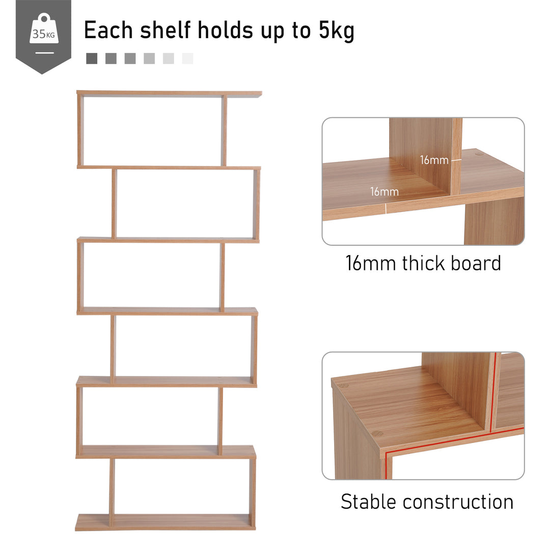 Bookcase, 6 Tier Shelf S Shaped Bookshelf, Storage Unit, Display Shelf for Living Room, Bedroom, Home Office, Plant, Maple
