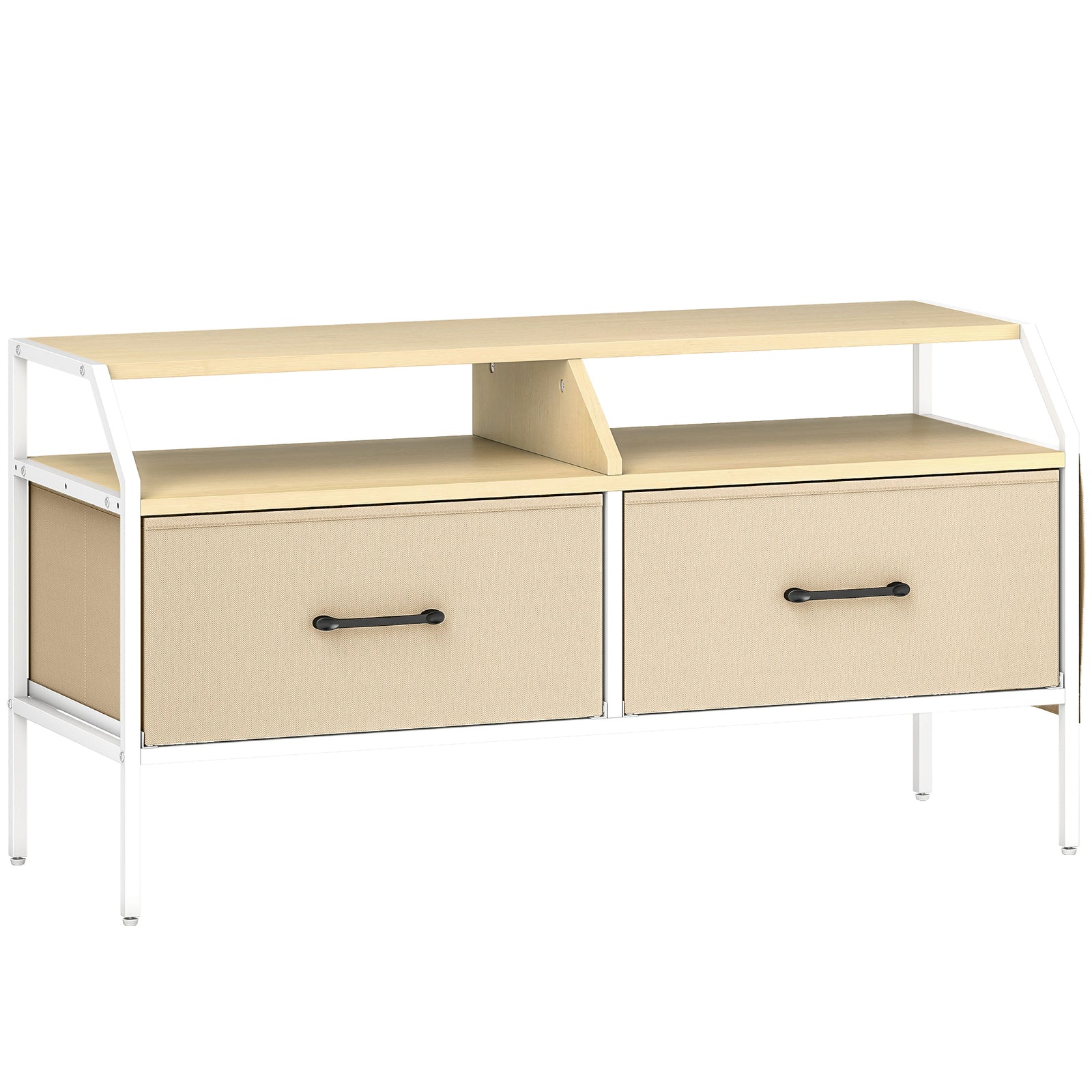 TV Stand Cabinet, TV Unit for 55-inch TVs with 2 Foldable Fabric Drawers, 5 Divided Side Pockets, Open Shelves, Console Table for Living Room, Bedroom, Entertainment Room, Natural Wood Finish