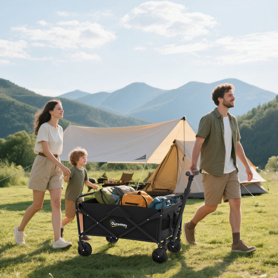 62L Festival Trolley on Wheels, Garden Folding Trolley Cart, 120kg Heavy Duty Collapsible Folding Wagon with Adjustable Handle and Carrying Bag for Beach, Camping, Festival, Black