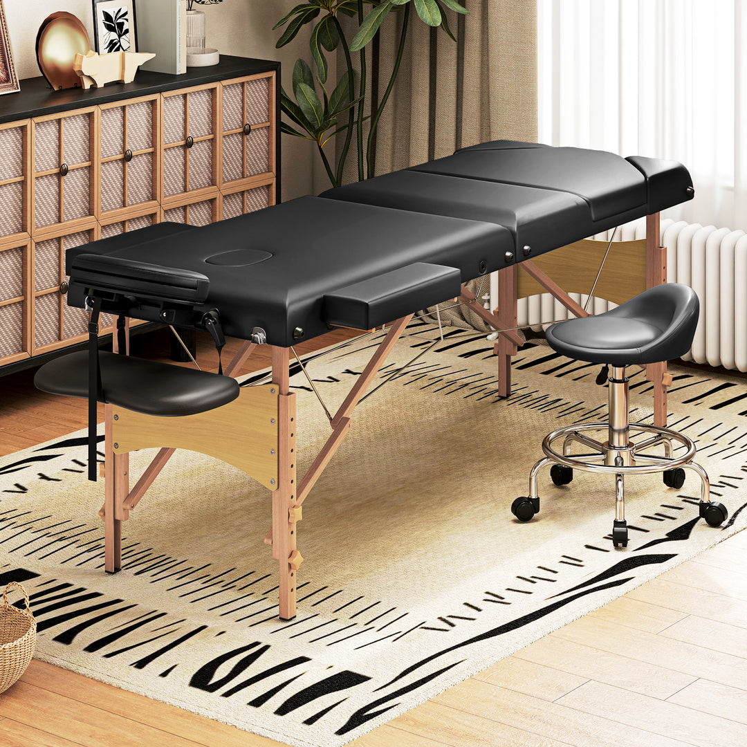 Foldable Massage Table with Beech Wood Legs - Black