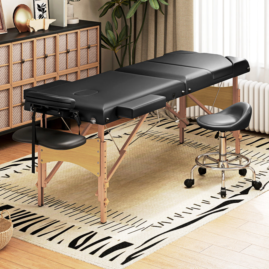 Foldable Massage Table with Beech Wood Legs - Black