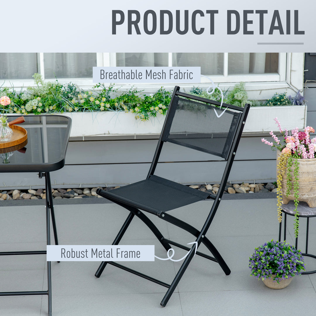 3 Pieces Garden Bistro Set, Folding Patio Table with Glass Table Top and 2 Chairs, Outdoor Furniture Set for Garden and Porch, Black