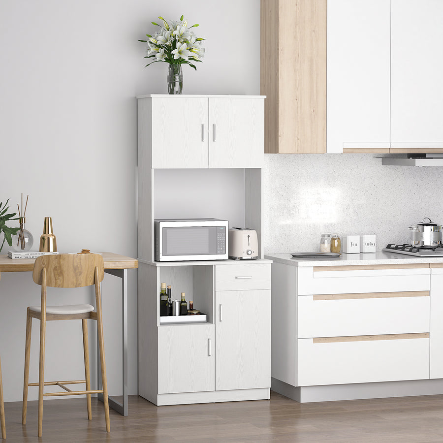 Freestanding Kitchen Cupboard, Modern Kitchen Storage Cabinet with Doors, Microwave Counter and Adjustable Shelves, White