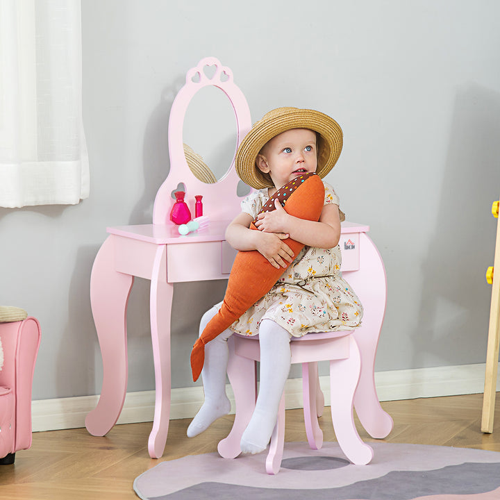 HOMCOM Kids Vanity Table & Stool Girls Dressing Set Make Up Desk Chair Dresser Play Set with Mirror Pink | Aosom UK