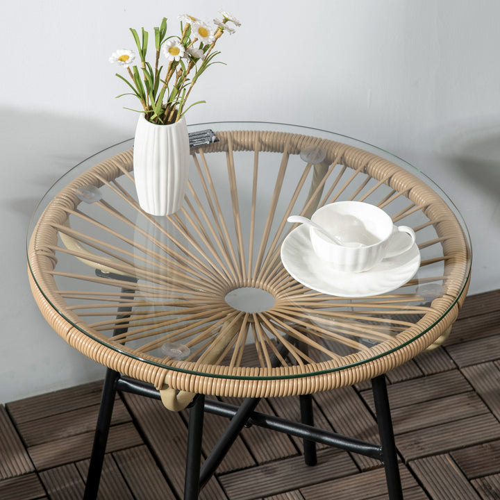 Rattan Side Table, Round Outdoor Coffee Table, with Round PE Rattan and Tempered Glass Tabletop for Patio, Garden, Balcony, Beige