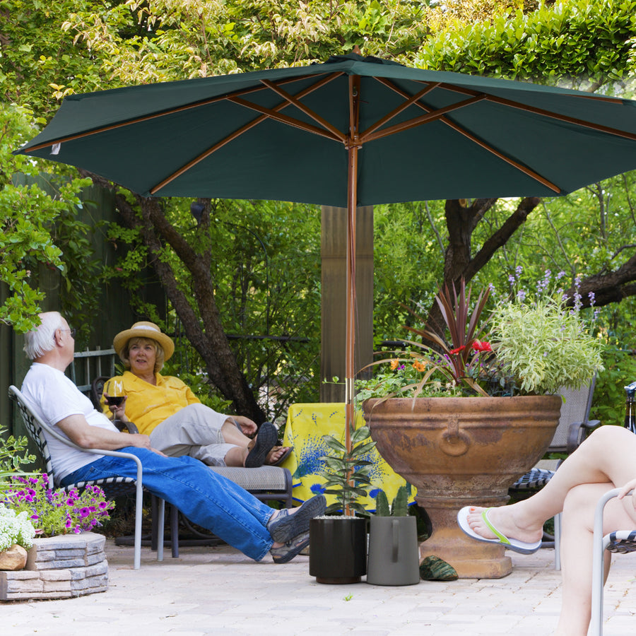 3(m) Wooden Patio Umbrella, Pulley Operated Garden Parasol with Rope Pulley Mechanism and 8 Ribs, Dark Green