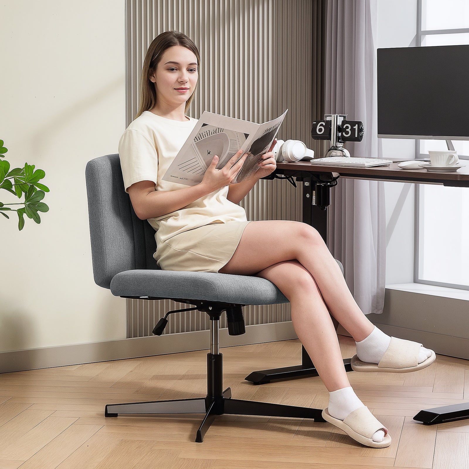 Armless Office Chair No Wheels, Linen Fabric Criss Cross Legged Desk Chair with Wide Seat, Thick Padding, Tilt Function, Height Adjustable Swivel Computer Seat for Home, Grey