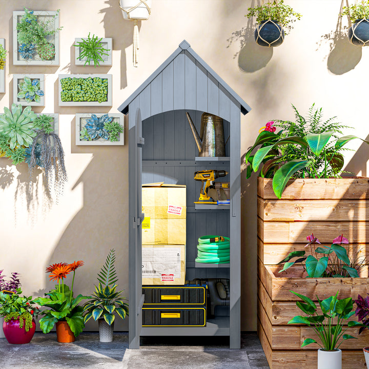 MCL Wooden Garden Storage Shed with 3 Shelves, Outdoor Tool Storage Cabinet with Tilt Roof and Lockable Door, 77.5 x 54.2 x 179.5 cm, Grey