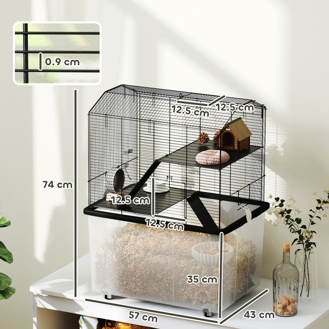Three-Tier Gerbil Cage, Hamster Cage for Dwarf Hamster, Syrian Hamster w/ Wheels, Deep Bottom, Food Dish, Water Bottle